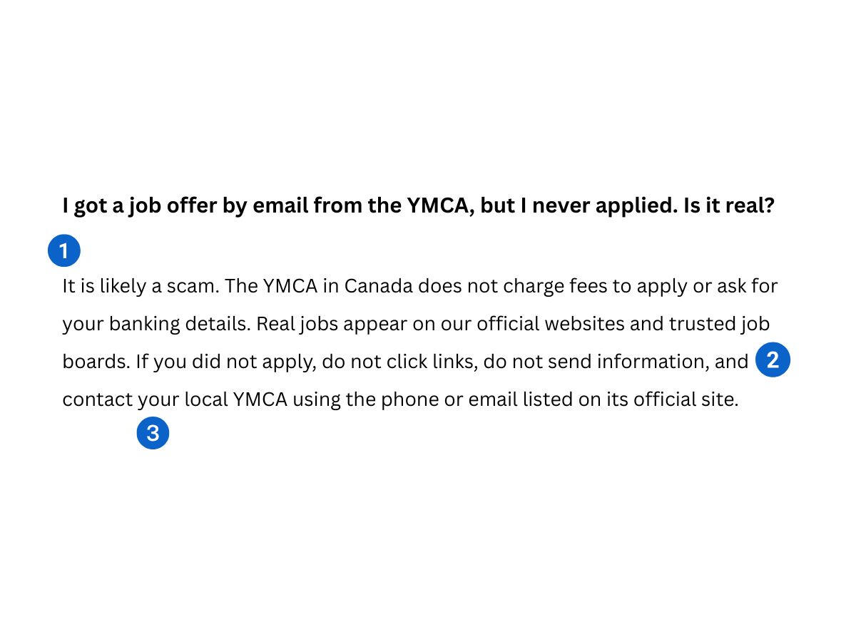 After FAQ Before/after FAQ on job‑offer scams; after adds answer‑first headline and clear steps